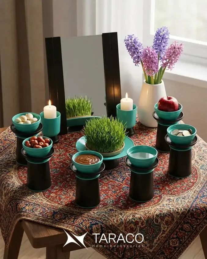 هفت سین دست ساز شمس صدفی، فیروزه ای و اشرفی تاراکو