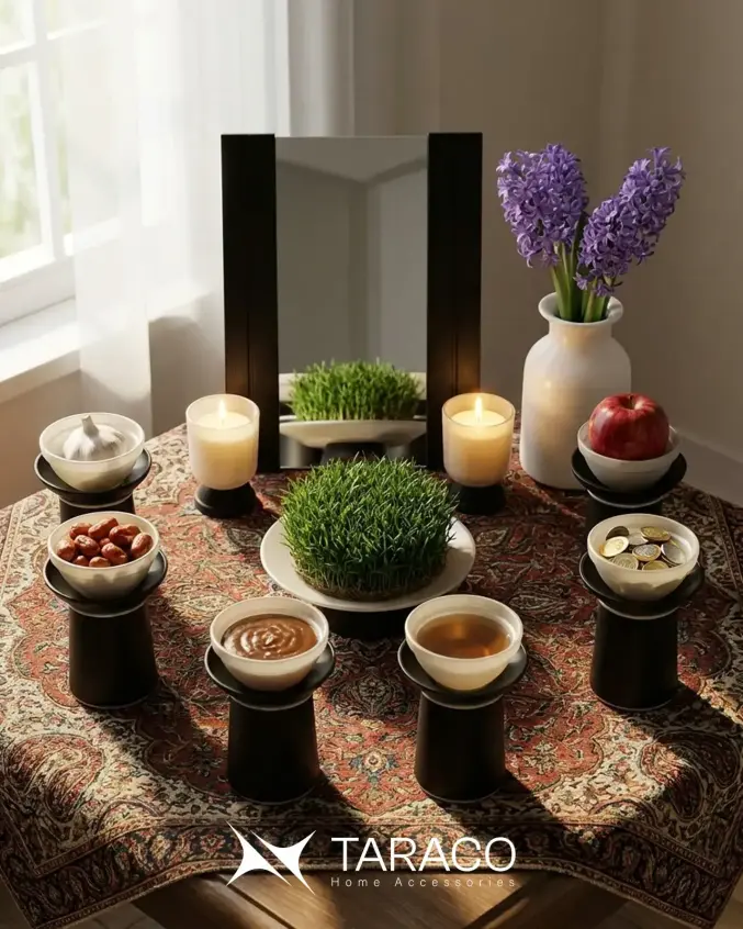 هفت سین دست ساز شمس صدفی، فیروزه ای و اشرفی تاراکو